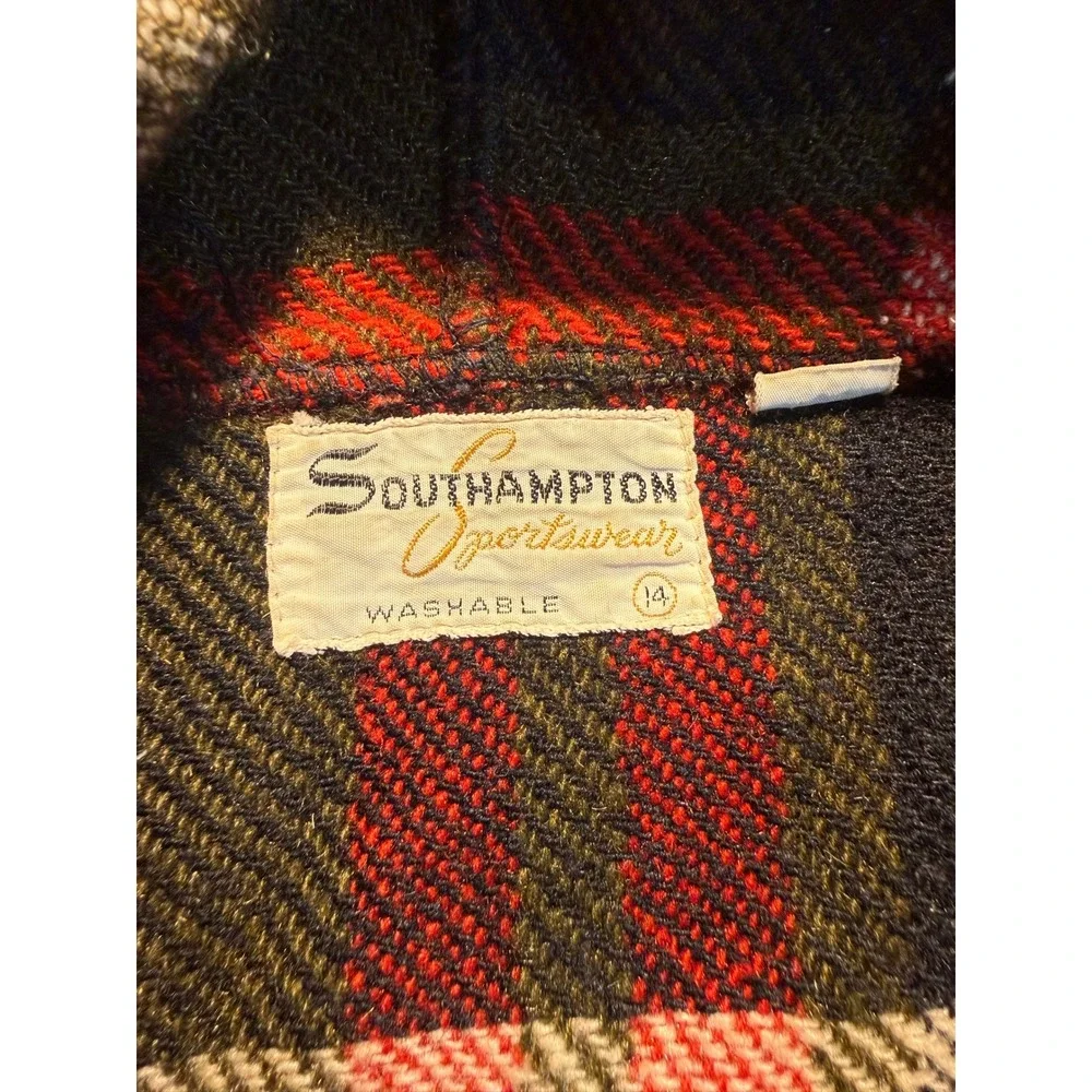 Vintage Southampton Sportswear Plaid Hooded Jacket Green Red Wool Blend Size 14